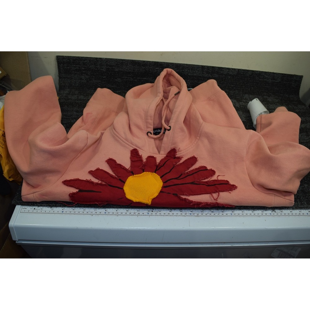 Rare Streetwear FLAMANTI Sewn Red Daisy Hoodie Sweatshirt MENS L Pink Salmon - Picture 12 of 16